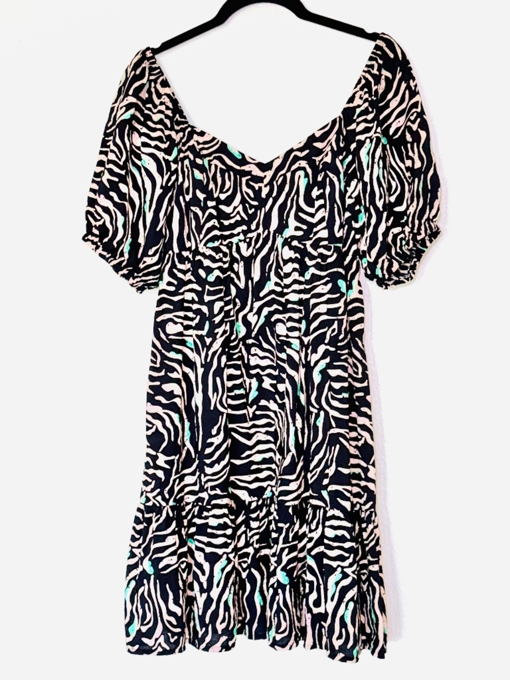 Nine West Dress Small Puff Sleeve Babydoll Midi Smocked Zebra Print Party Date